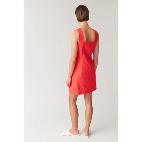 COS Cotton Linen Sheath Dress Red Mini Square Neck Sleeveless Pockets Sz 14 - Picture 2 of 10
